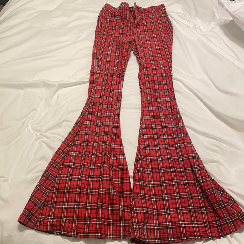 Plaid Wide Leg Pants - Red